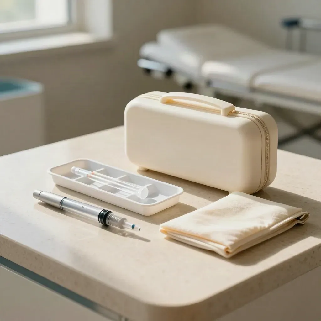 IVF prep kit with pen case, swab tray, transport tube, and pouch on an exam table.