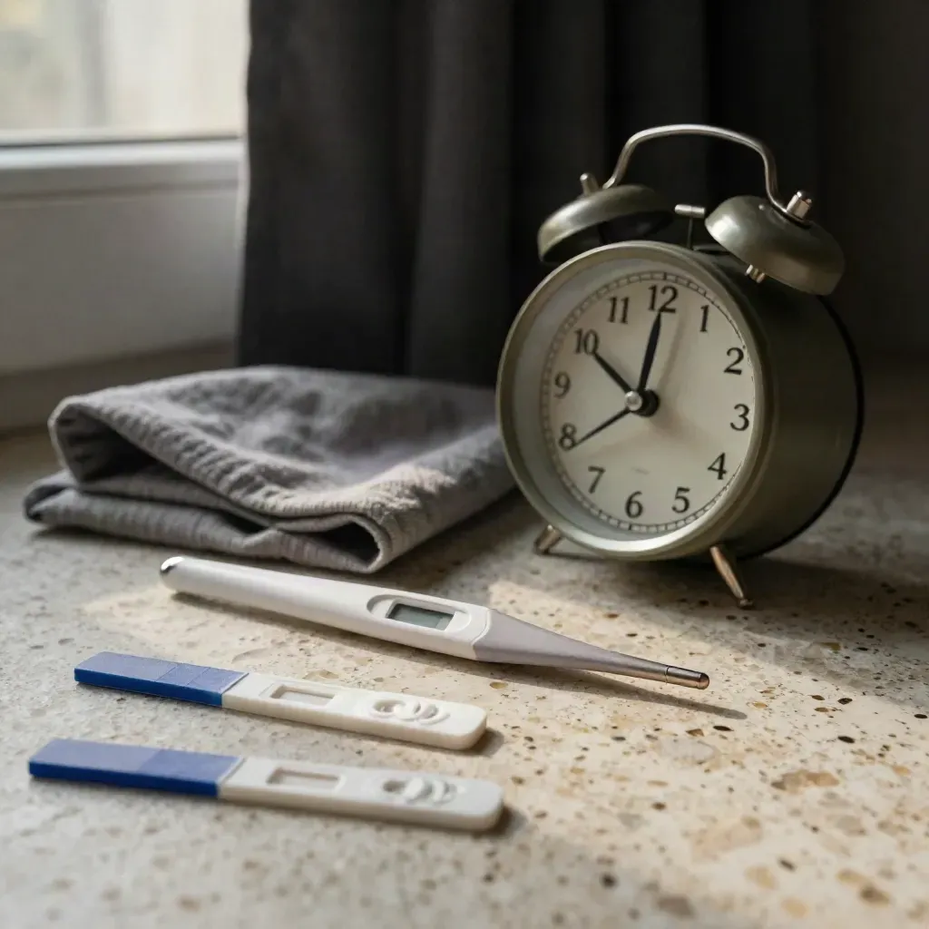Bedside fertility tracking kit with thermometer, ovulation tests, and alarm clock at dawn