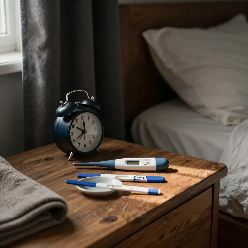 Bedside fertility tracking setup with thermometer, ovulation tests, and alarm clock by blackout curtains.