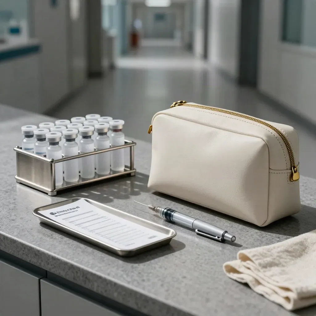 Packed IVF prep kit with vials, swab tray, injection case and travel pouch on a clinic counter.