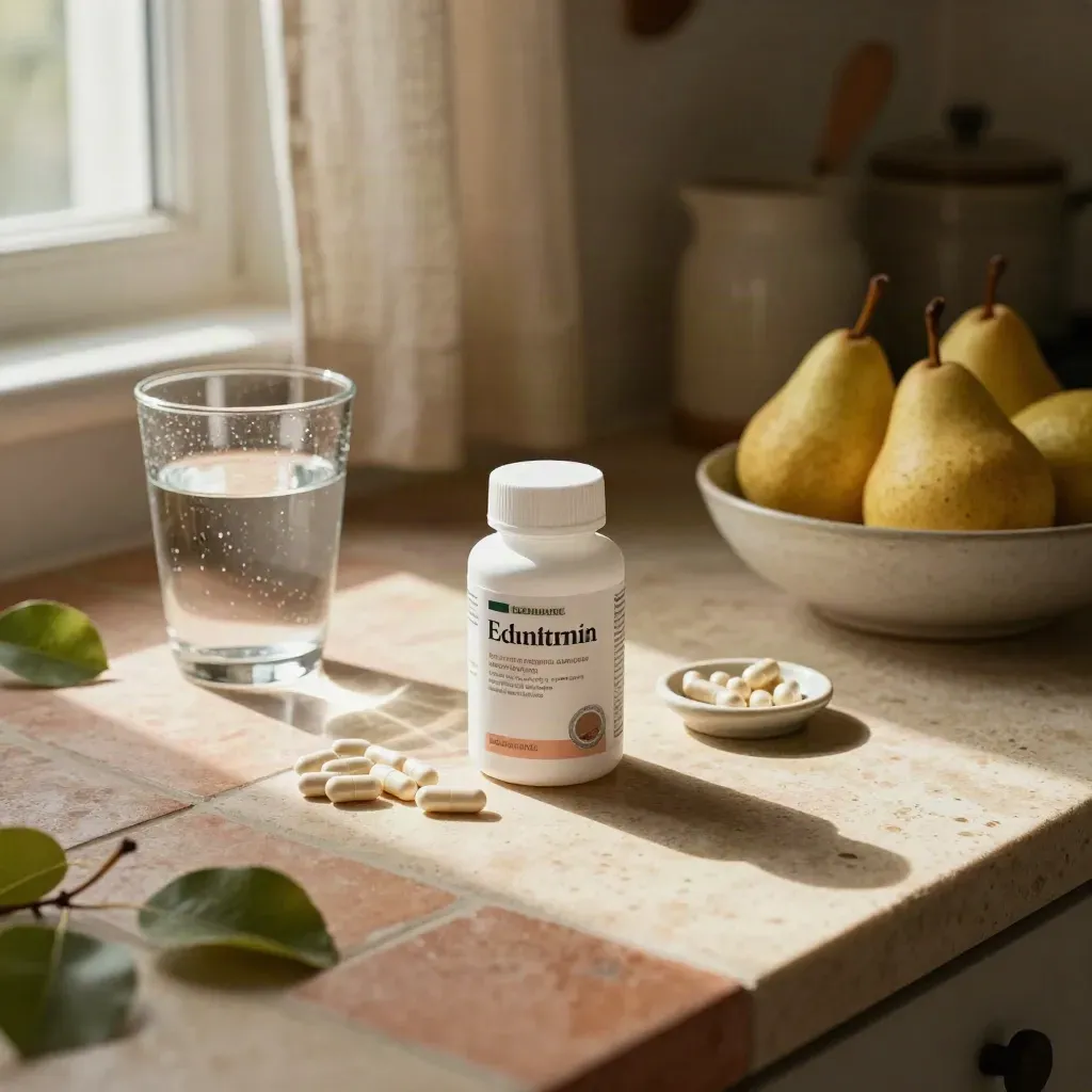 Prenatal vitamin bottle, folate capsules, water and pears on a sunlit kitchen counter.