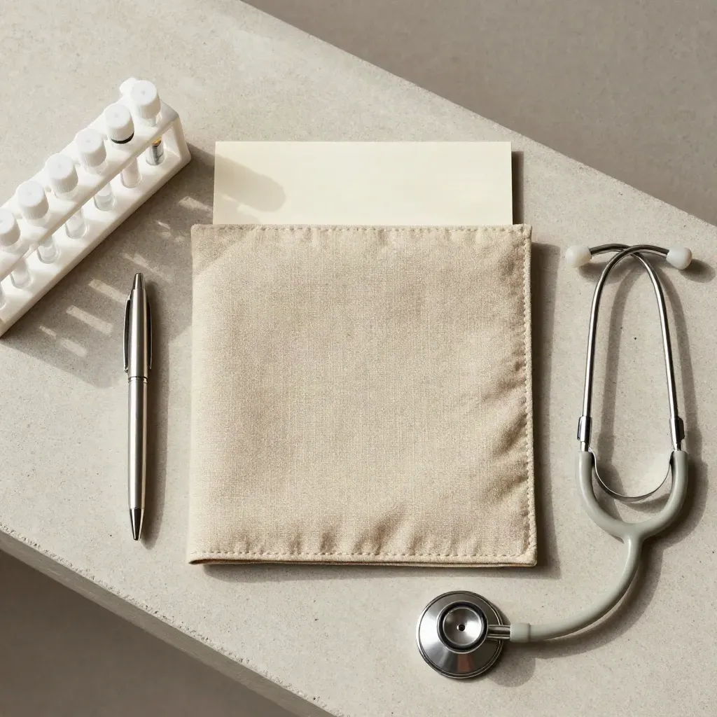 Overhead fertility history kit with folder, tube rack, pen, and folded stethoscope on concrete.
