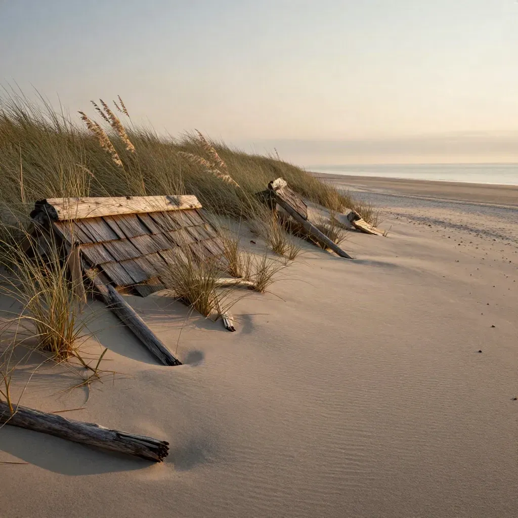Long Island dune grass, cedar shingles, and a calm bay horizon in warm dusk haze