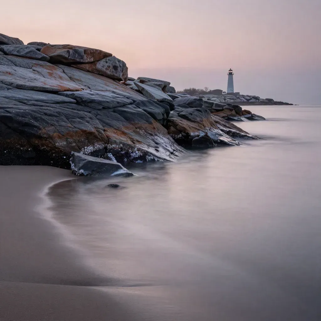 Rocky Connecticut shoreline with a distant lighthouse over calm reflective water at blue hour.